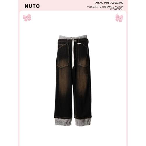 NUTO 设计感做旧水洗拼接双腰头牛仔裤百搭休闲宽松直筒阔腿长裤