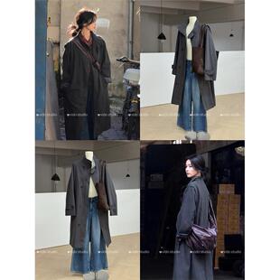 白鹿同款韩系覆古中长款风衣女灰绿色休闲文艺风森系气质宽松外套