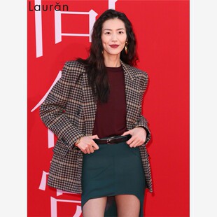 刘雯同款复古格子西装外套女秋冬高级感气质双排扣宽松西服上衣潮