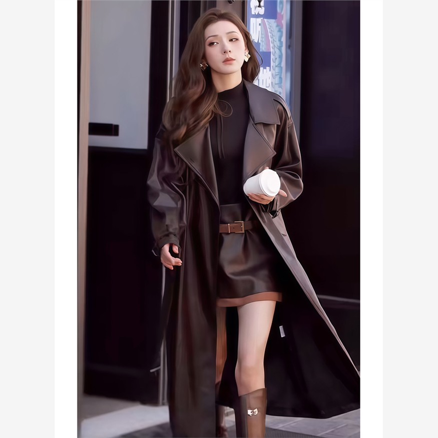 原版秋冬季张予曦明星同款咖色翻领长款pu皮衣风衣外套咖色高腰半