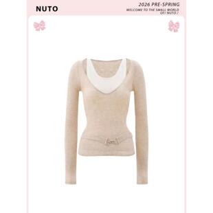 NUTO【明星同款】复古假两件拼色长袖针织衫女春气质优雅修身上衣