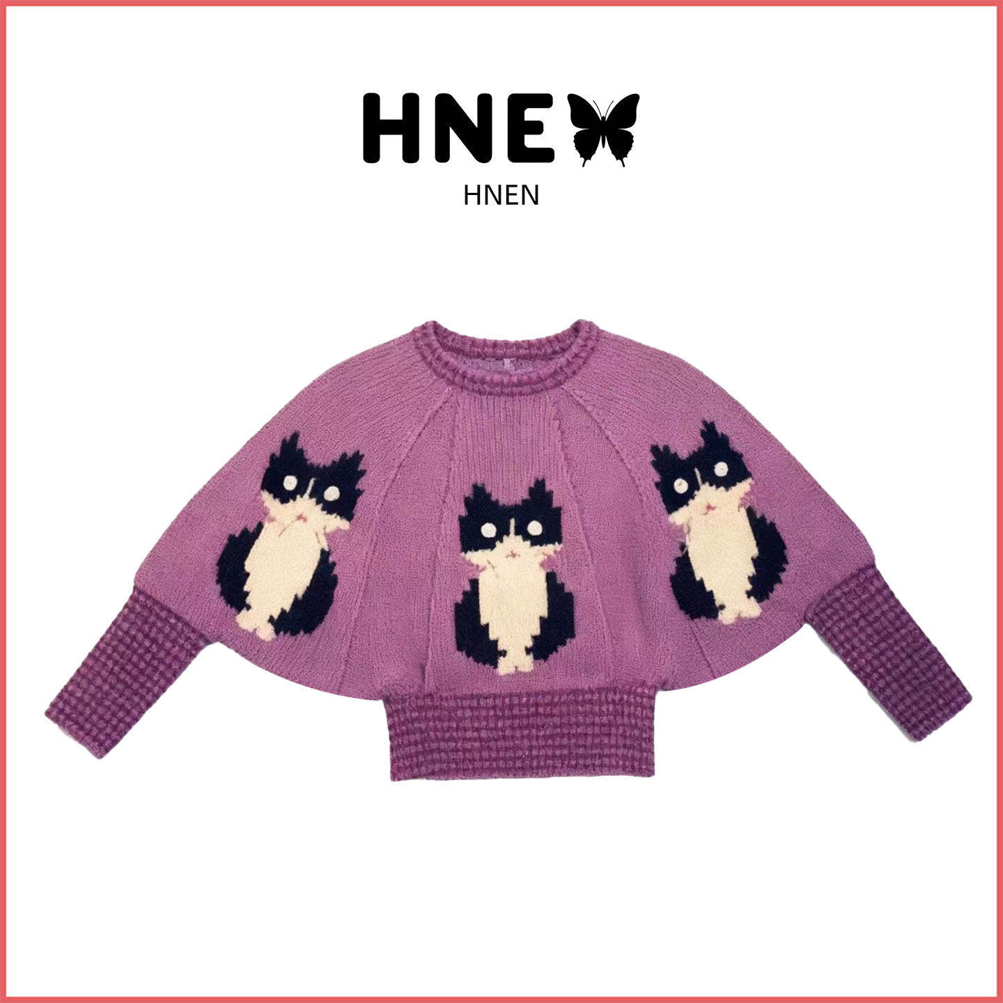 原版 卡通风猫咪图案紫色圆领毛衣女2025秋冬季慵懒风百搭针织衫