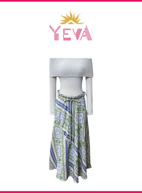 YEVA 法式一字肩针织拼接印花洋装女2026春季新款修身显瘦长裙