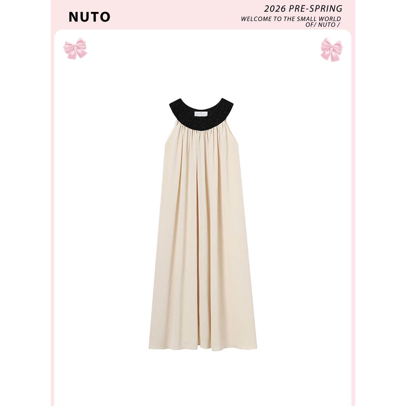 NUTO高级感法式珠绣装饰无袖连衣裙女气质优雅度假风A字下摆长裙