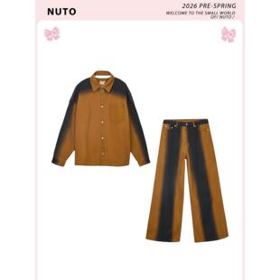 NUTO【明星同款】复古撞色喷绘牛仔衬衫外套宽松直筒阔腿长裤套装