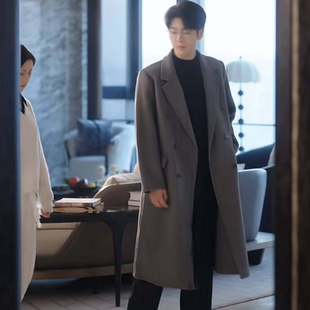 原版短剧婚夜燃尽卡戎傅青绍同款毛呢大衣秋冬中长款外套男衣服潮