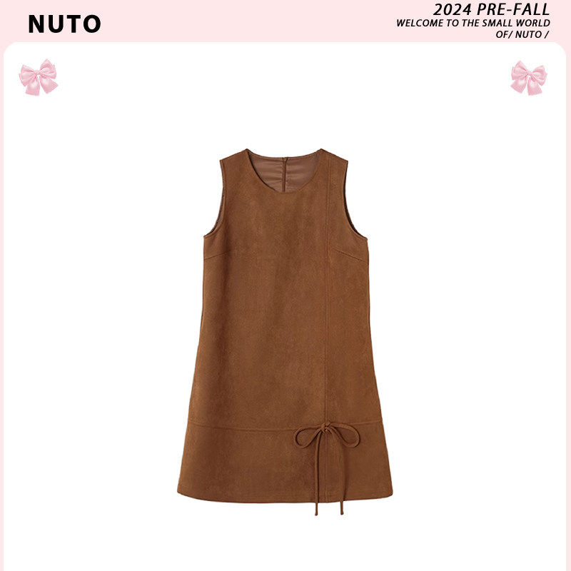 原版栗棕色的秋冬 复古甜美气质麂皮绒直筒微A软糯蝴蝶结背心裙