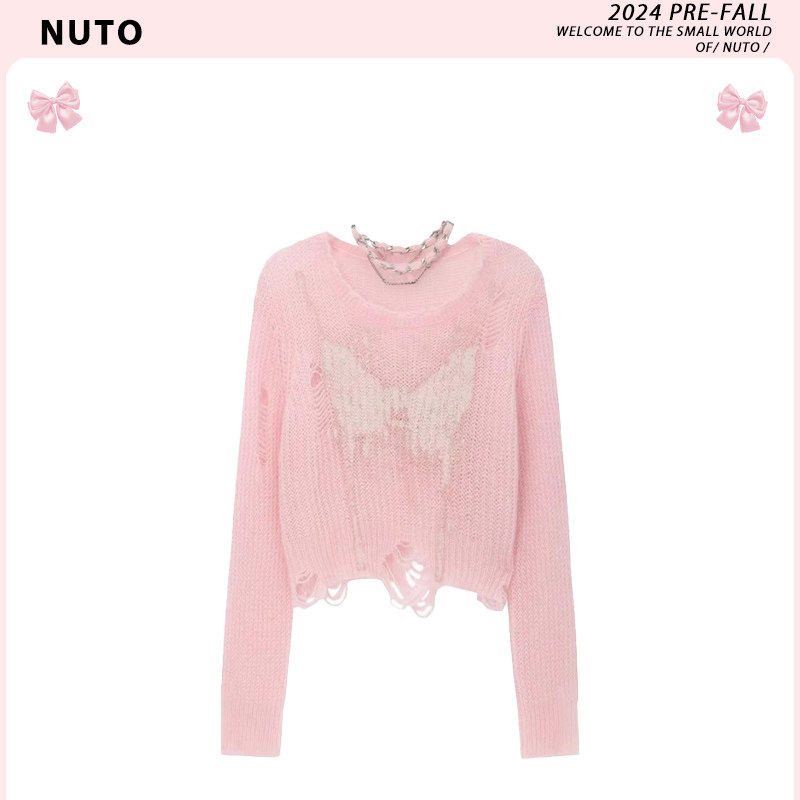 原版樱花粉蝴蝶结提花针织衫女2025春季浪漫氛围感显瘦长袖上衣