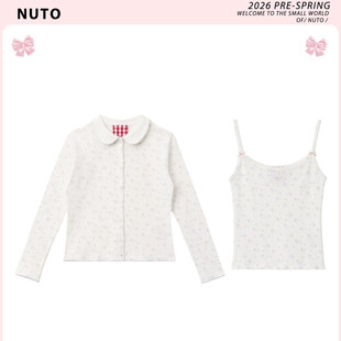 NUTO奶油白小马碎花印花长袖开衫蝴蝶结花边小吊带两件套女春季