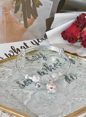 正生足银9999纯银推拉宝宝手镯光面福串小乖兔子满月儿童婴儿礼物