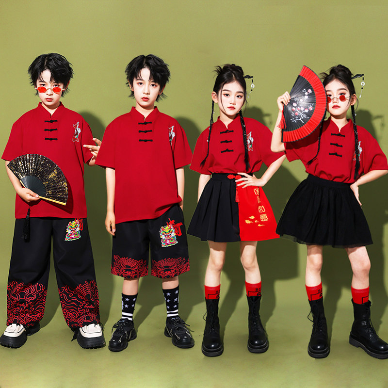 儿童红色中国风啦啦队演出服小学生运动会开幕式汉服班服合唱服装
