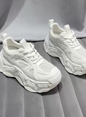 真皮厚底老爹鞋女欧洲站2026春季新款网面透气增高休闲小白鞋