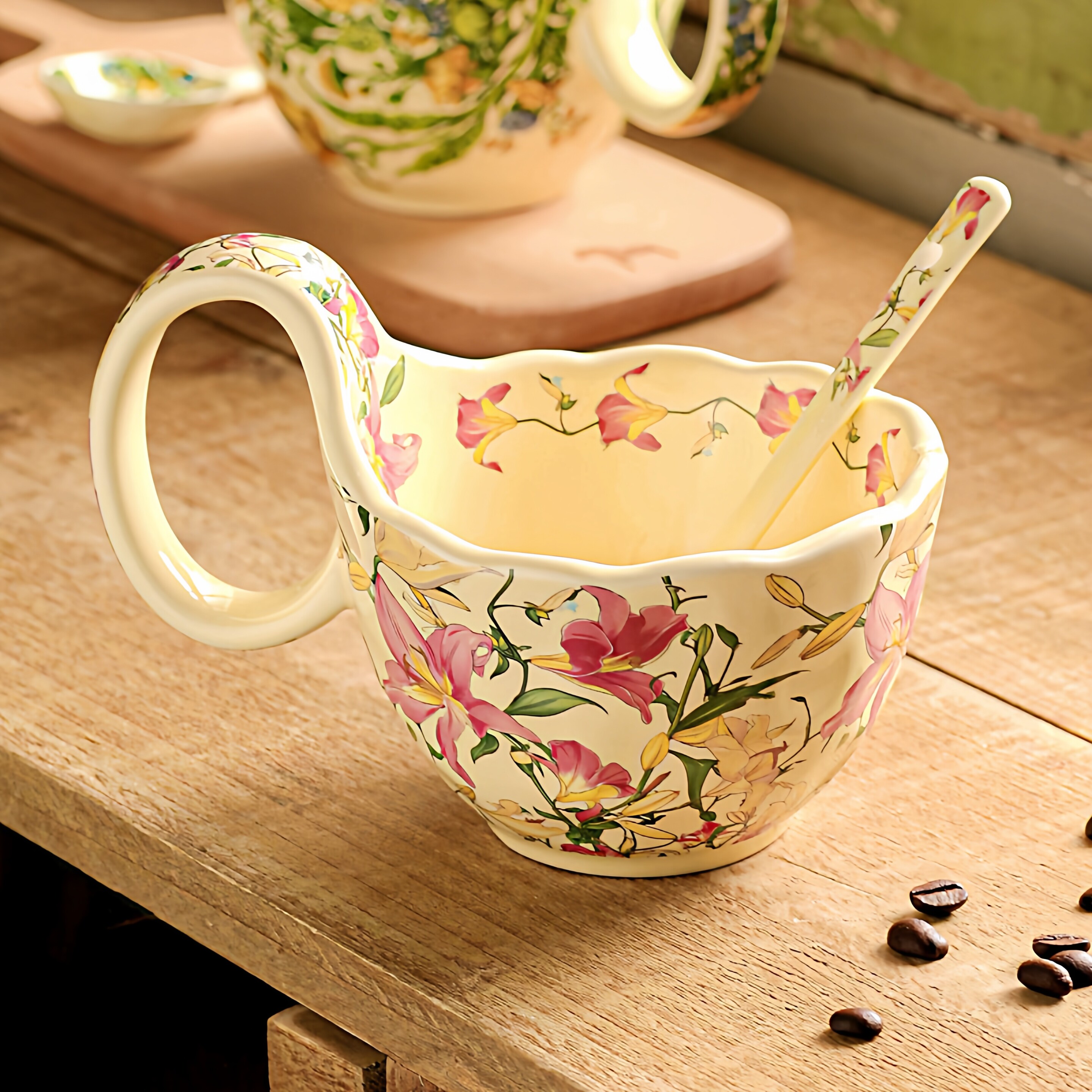 一人食漂亮碗燕麦碗带勺手柄碗微波炉专用碗陶瓷碗带把手碗勺套装