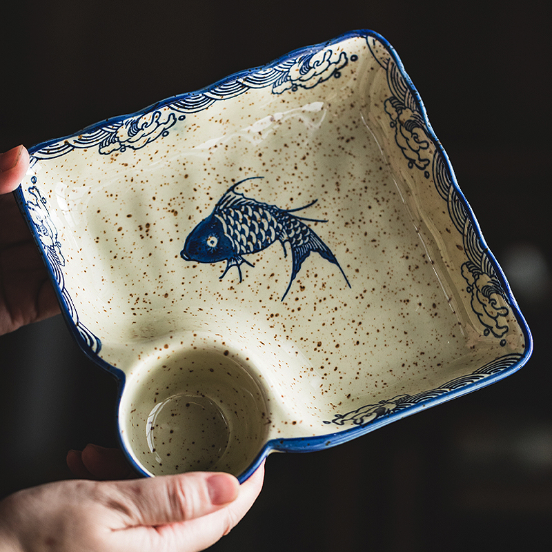 中式饺子盘子带醋碟复古餐盘分格盘陶瓷餐具碟子菜盘家用专用拼盘