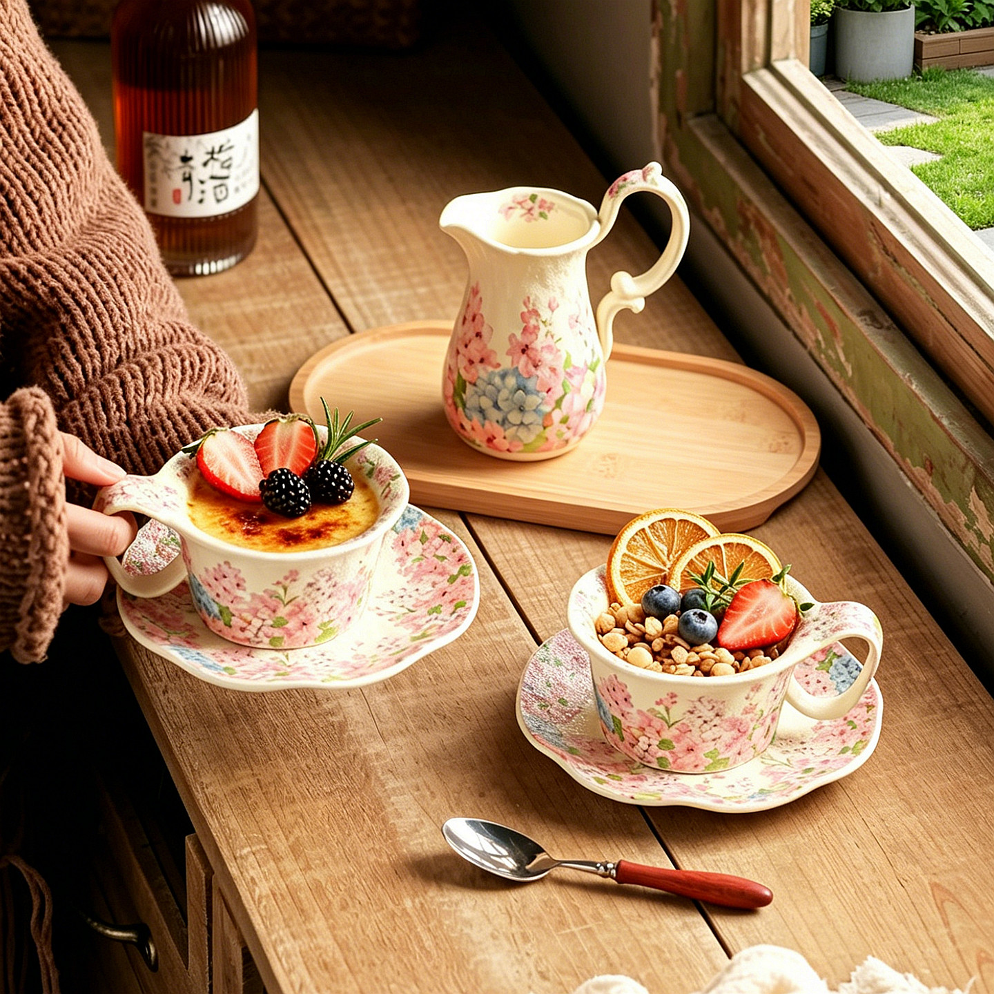 甜品杯酸奶杯带勺子冲泡杯燕麦早餐杯花茶杯陶瓷奶壶杯子套装杯碟