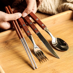 叉勺套装餐叉木柄勺子西餐刀餐勺不锈钢筷子甜品勺汤匙家用高颜值