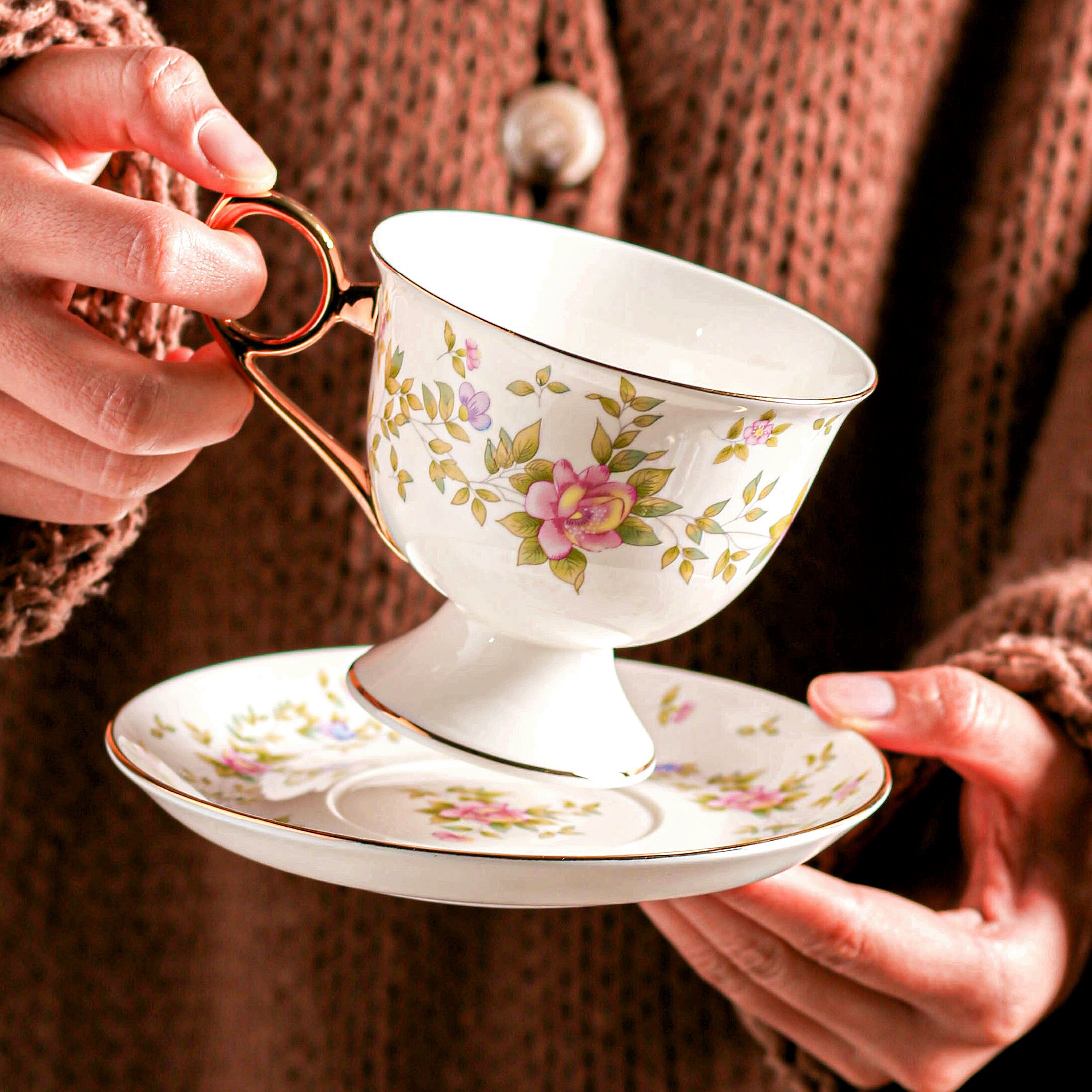 喝水杯陶瓷家用花茶杯饮水杯饮料果汁杯曲把杯带把咖啡杯单杯茶杯