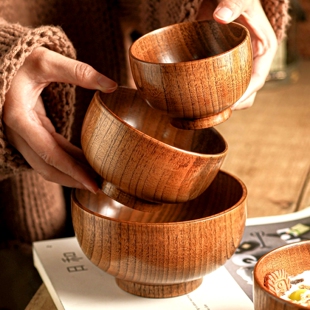 木头碗食品级汤碗家用4.5寸碗儿童早餐碗好看米饭碗木碗日式 餐具