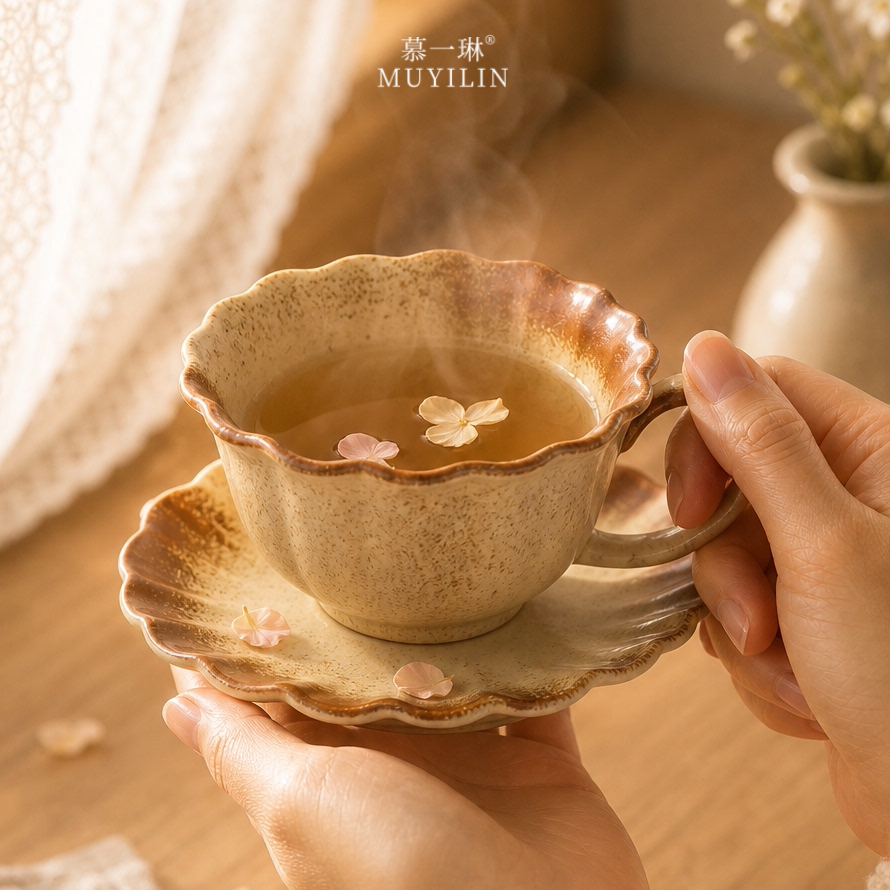 巨好看的水杯复古马克杯待客杯手柄杯下午茶杯碟杯子大容量粗陶杯