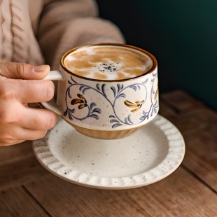 复古咖啡杯粗陶杯子好看早餐杯陶瓷马克杯设计感小众中古餐具高级