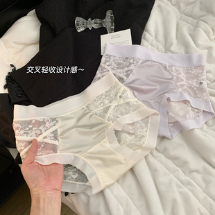 法式交叉蕾丝花卉缎面内裤女中腰舒适性感三角裤女10A抗菌全棉裆