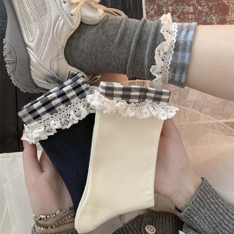 Yoho灰蓝方格蕾丝边堆堆袜花边中筒袜女复古格纹洋气ins潮流外穿