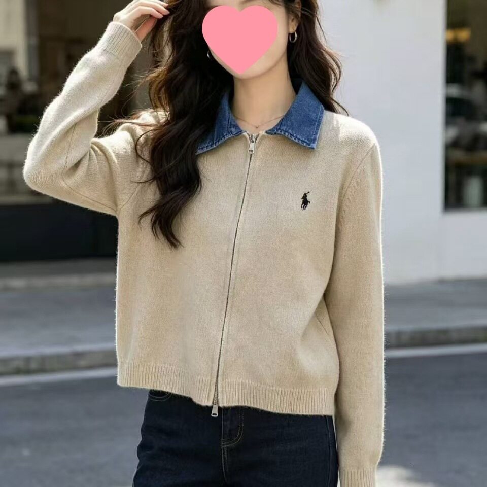 日系撞色牛仔翻领毛衣开衫女冬季新款宽松百搭减龄假两件针织衫女