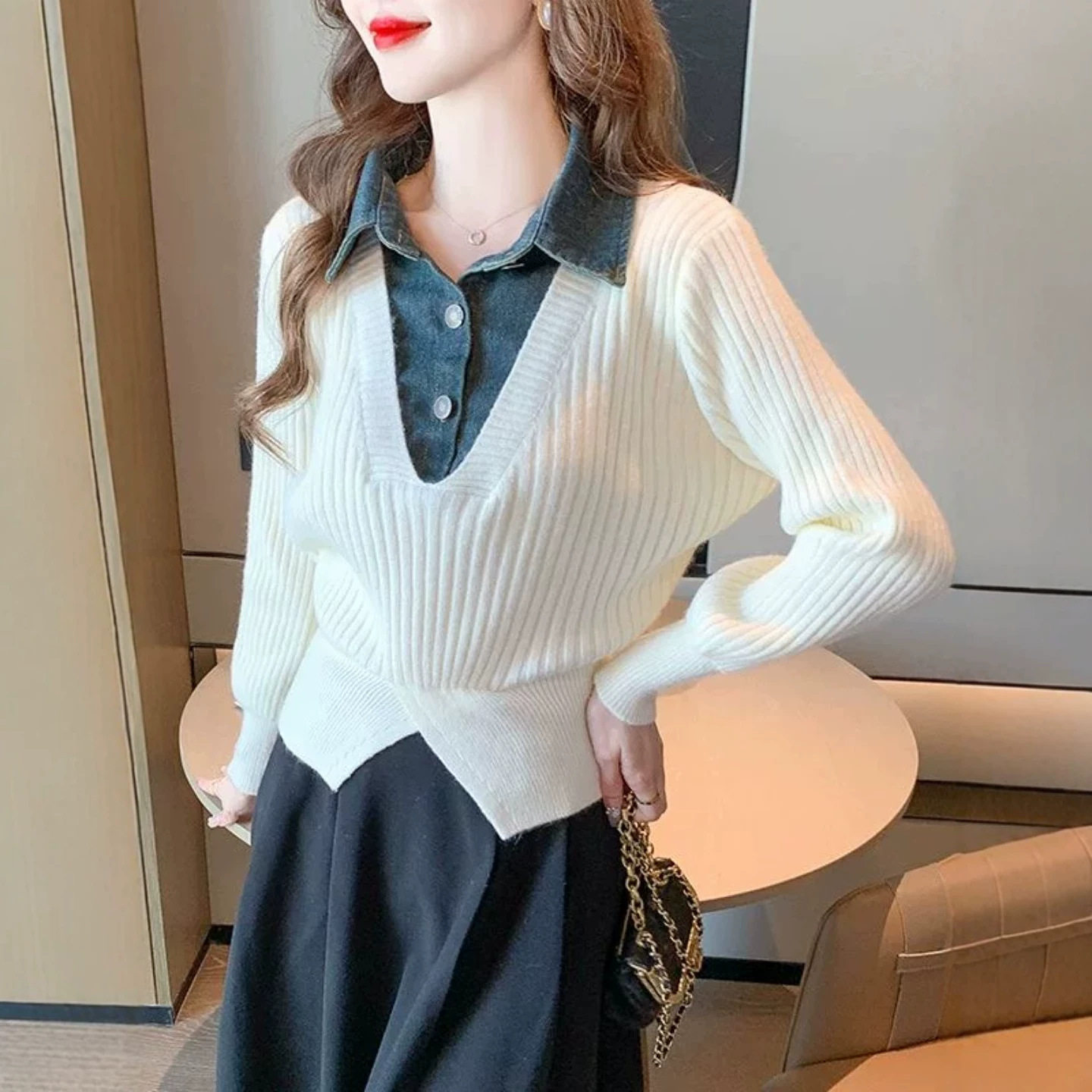 新年穿搭红色假两件牛仔拼接打底毛衣女春秋季修身内搭针织衫上衣