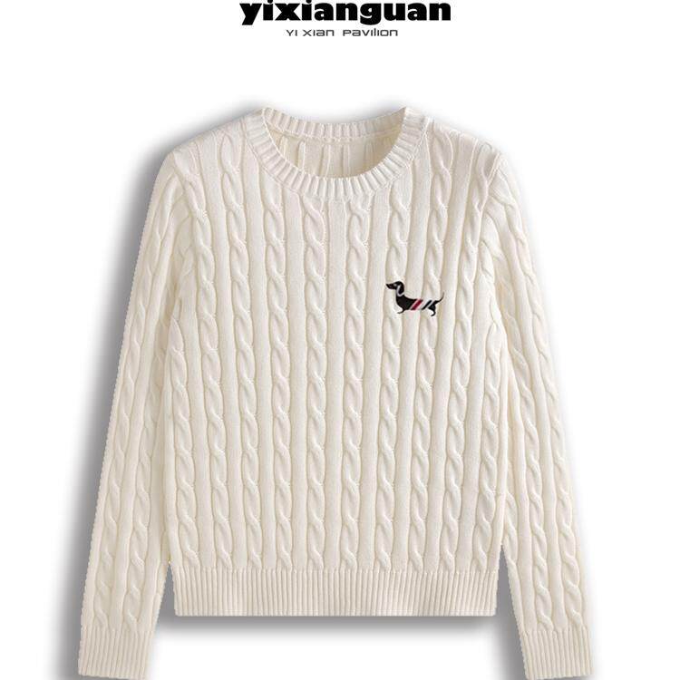 圆领刺绣小狗学院风套头麻花内搭韩版毛衣春秋长袖针织衫修身上衣