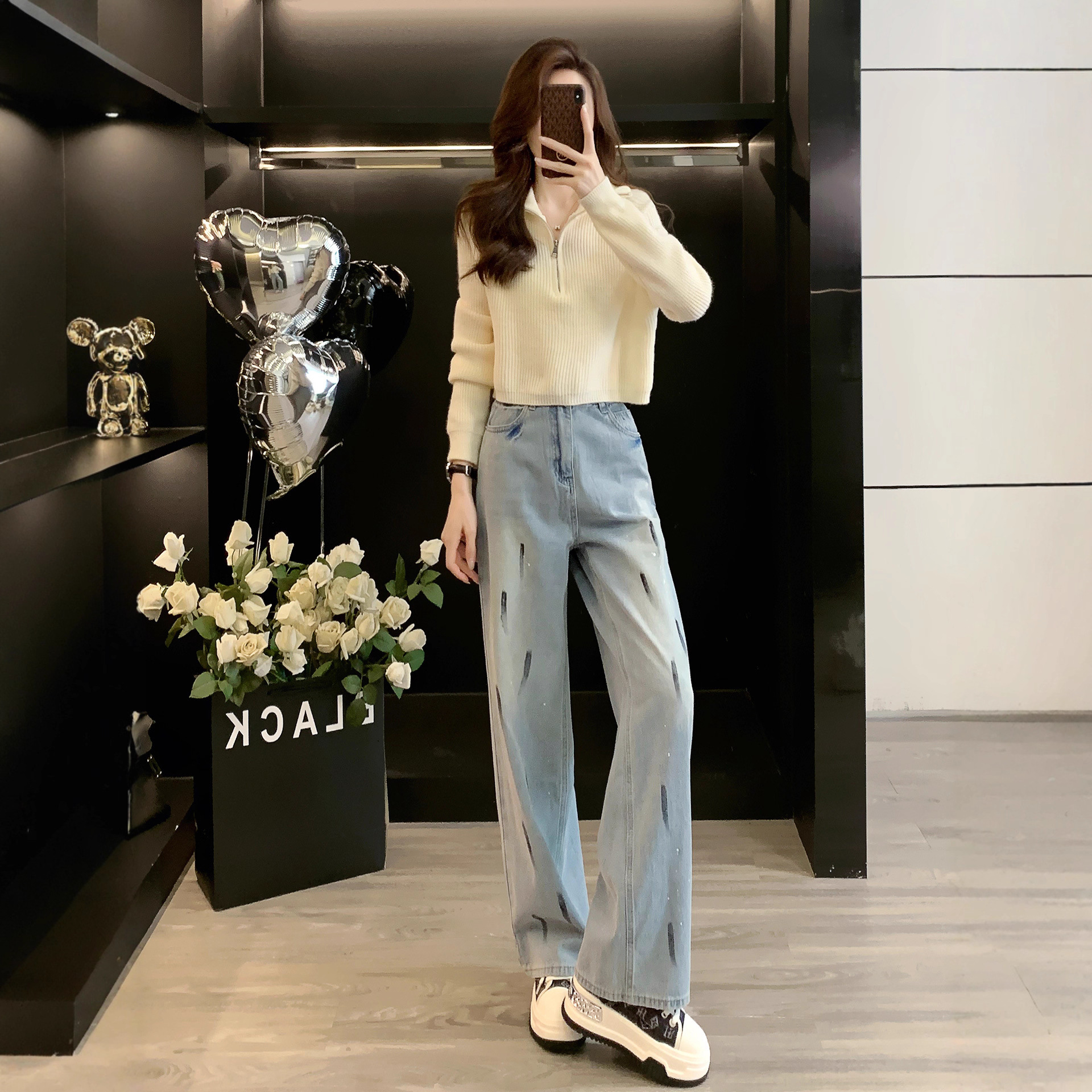 韩系穿搭秋装套装女减龄显瘦短款毛衣针织衫牛仔裤休闲运动两件套