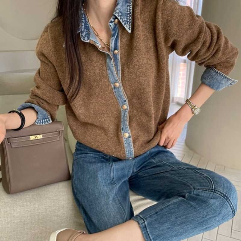 韩系东大门毛衣外套女2026早秋新款假两件牛仔拼接针织衫上衣
