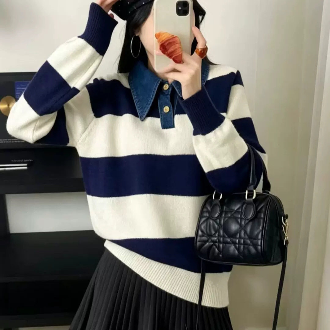 新款牛仔领慵懒风条纹翻领毛衣女秋冬宽松外穿polo套头针织衫上衣