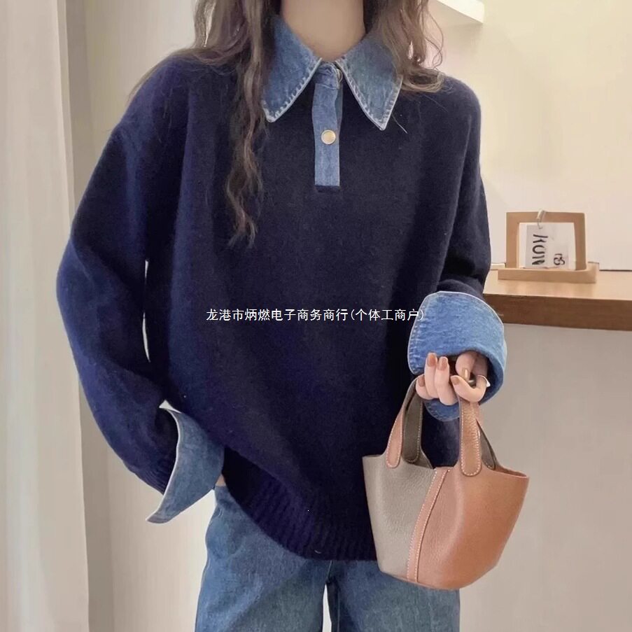 跨境牛仔袖拼接假两件毛衣女秋冬2026新款宽松POLO领针织衫上衣