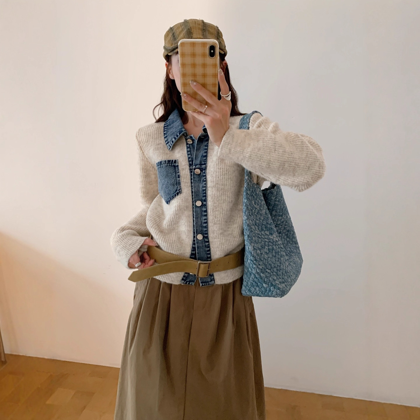 秋冬韩版时尚小众设计感牛仔拼接毛衣女宽松长袖开襟衫针织衫外套