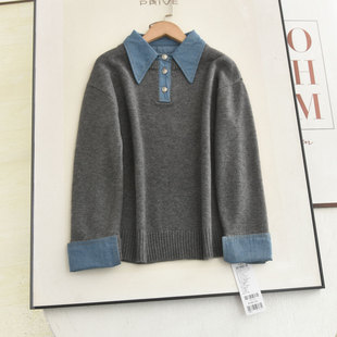 女装2025秋冬款设计牛仔拼接polo领灰色假两件针织衫毛衣