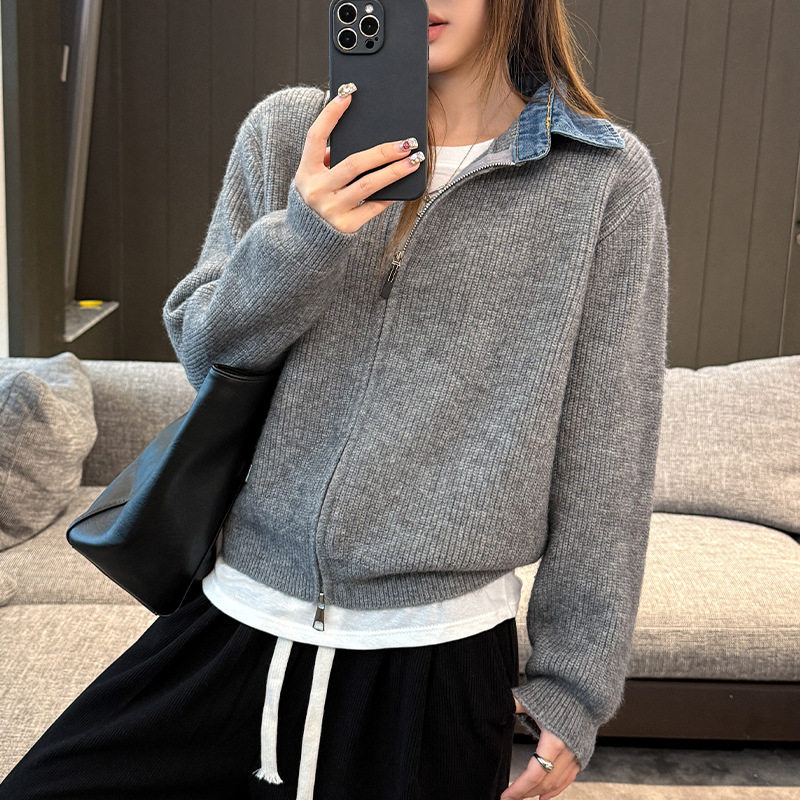设计感牛仔翻领拼接毛衣外套女2026秋季新款双拉链显瘦针织衫上衣