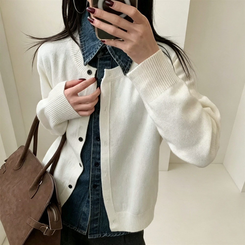 跨境POLO领毛衣拼接牛仔针织衫春季2026年新款设计感假两件毛衣女