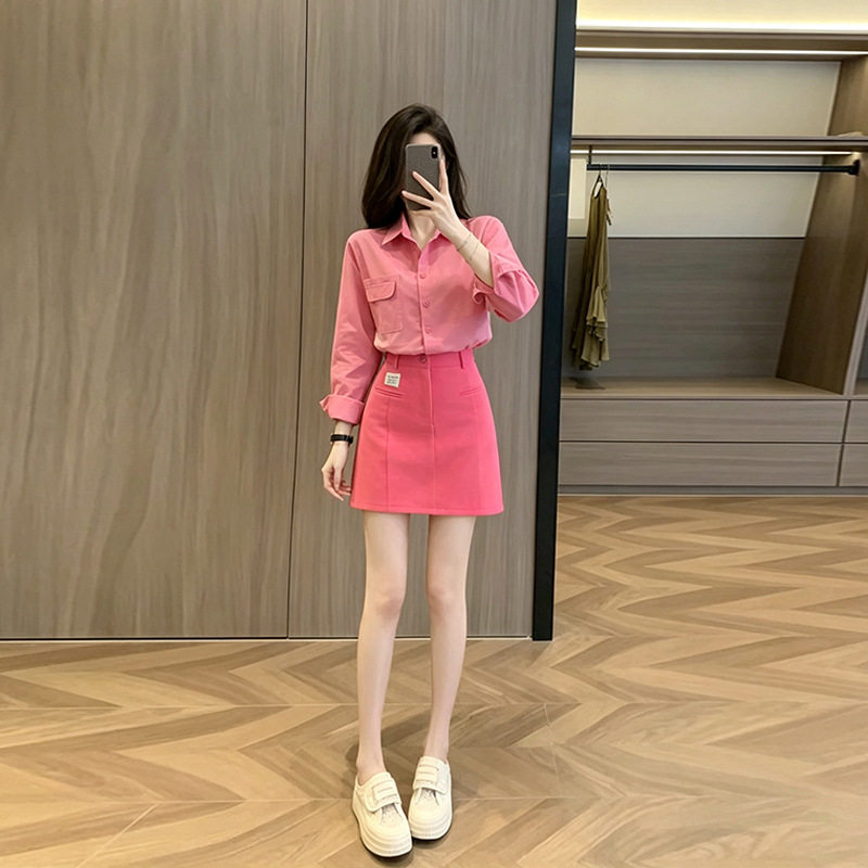 条纹长袖针织衫打底毛衣牛仔短裙时尚套装女洋气时髦网红炸街气质