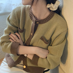 小香风绿色毛衣外套女春装短款针织开衫chic早春慵懒显瘦韩版女装