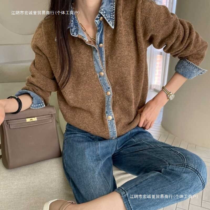 韩系东大门毛衣外套女2025早秋新款假两件牛仔拼接针织衫上衣图片