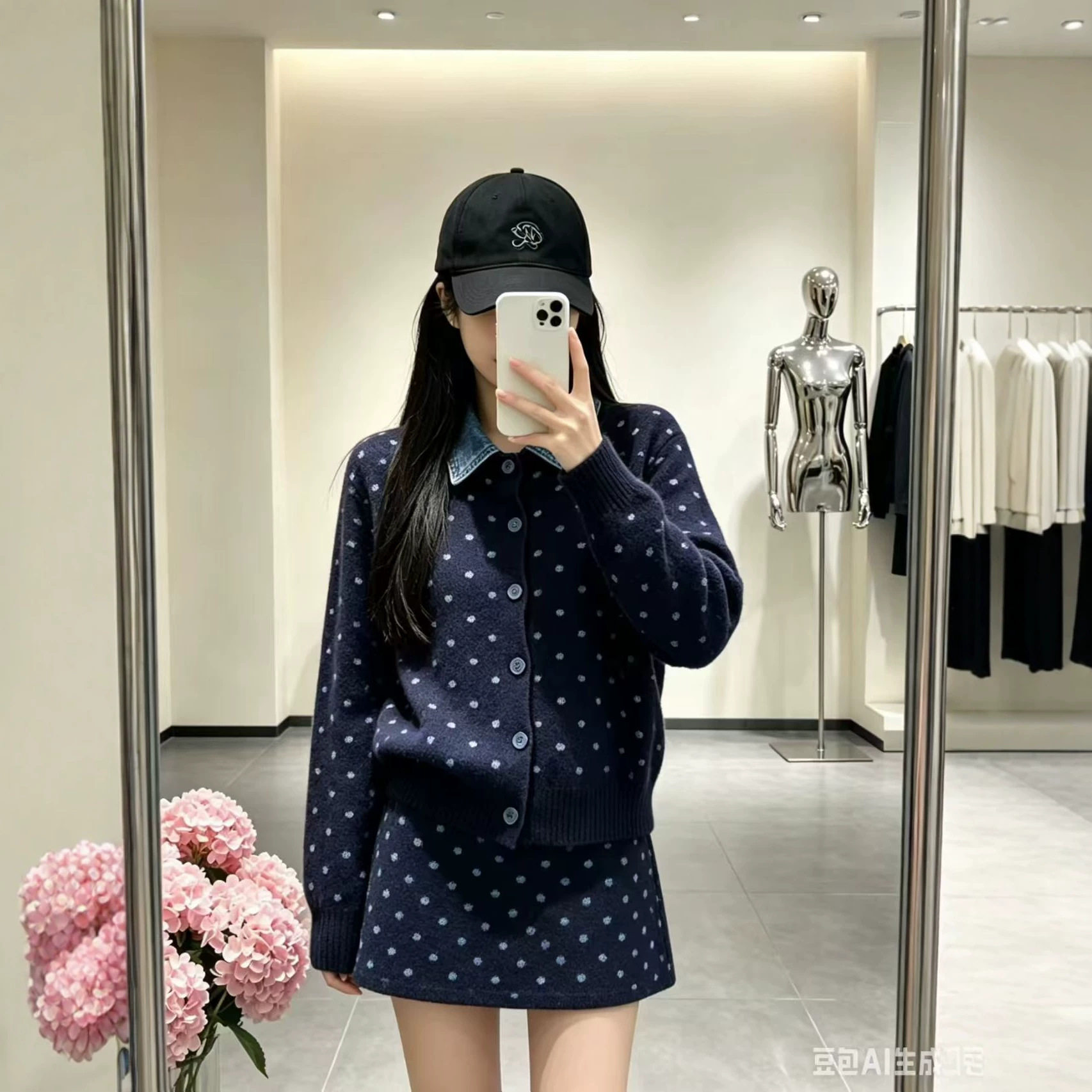 法式波点牛仔拼接POLO领针织衫两件套秋冬季新款软糯减龄毛衣外套