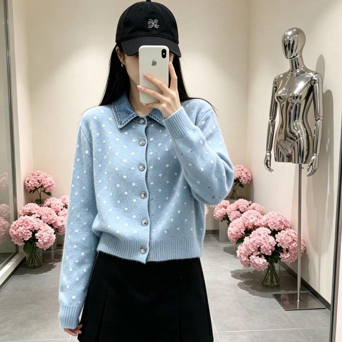 开衫外套毛衣女2026新款春秋装牛仔领拼色宽松大码针织衫时尚外搭