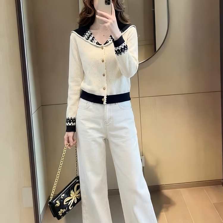 针织衫休闲穿搭一整套秋季新款韩系海军领开衫毛衣牛仔裤两件套潮