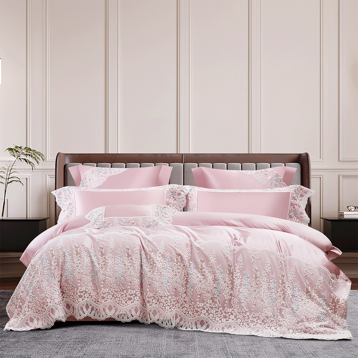 欧式高端粉色蕾丝边全棉四件套 140支真丝棉高档婚庆陪嫁床上用品