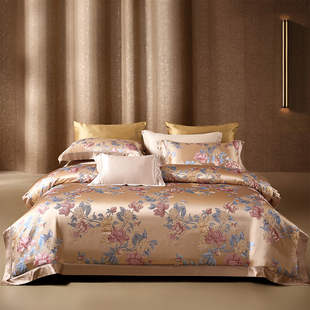 重磅奢华100%桑蚕丝绸四件套32姆米真丝提花被套高端裸睡床上用品