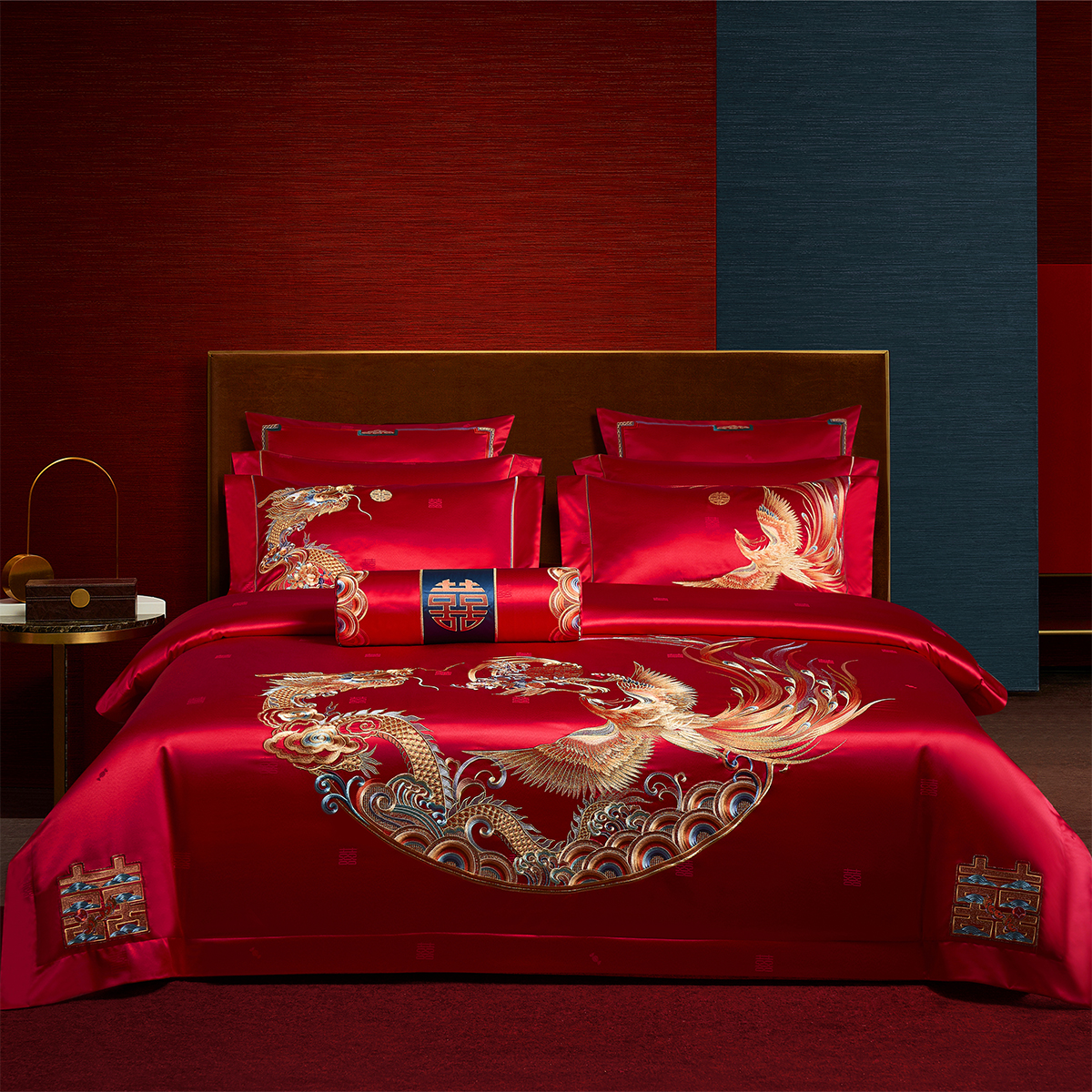 结婚四件套140支真丝棉床上用品十件套龙凤刺绣新婚中式丝绸被套