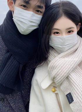 2025新款冬季纯色灰色情侣围巾学生韩版毛线针织礼物盒装围脖品质
