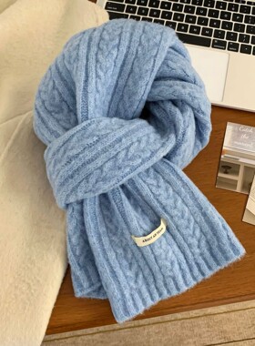 1sn 纯色麻花针织围巾礼物盒装软糯加厚围脖女士情侣学生男灰色潮