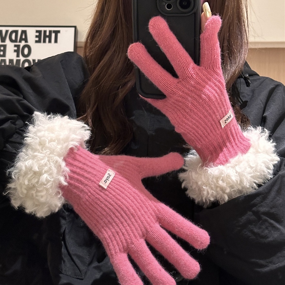 1sn毛毛款保暖露二指加厚手套女