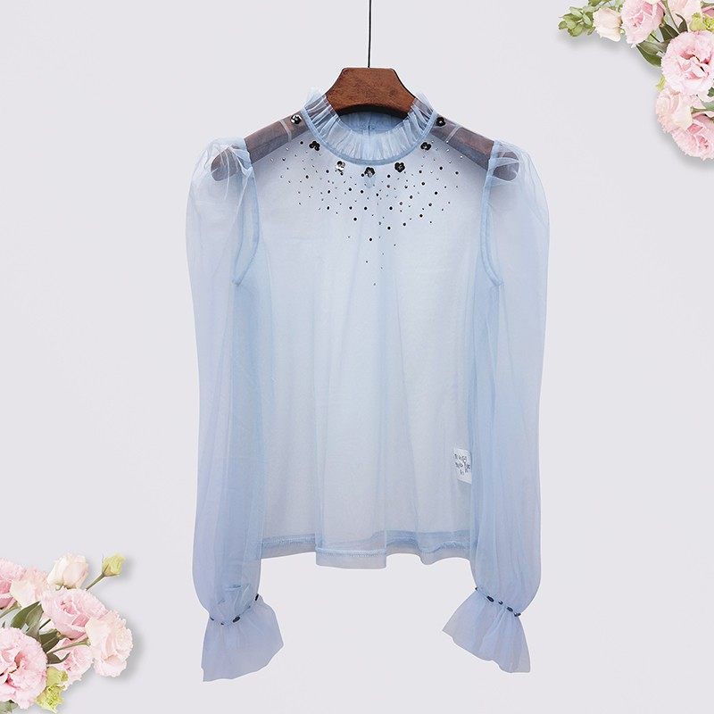 Annabess蕾丝网纱打底衫女2026春季款花边半高领薄款内搭长袖上衣